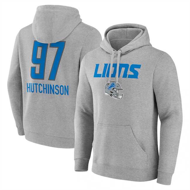 Men's Detroit Lions #97 Aidan Hutchinson Heather Gray Team Wordmark Player Name & Number Pullover Hoodie - Click Image to Close